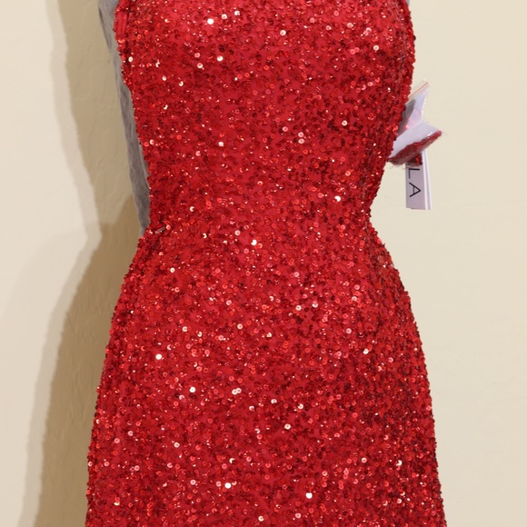 SCALA strapless sequin tie back short dress in red size 4 - Picture 2 of 6